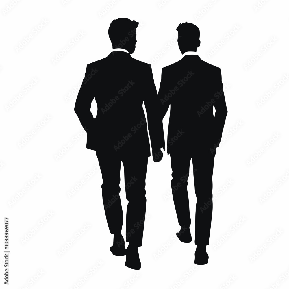 Two young men in suits walking together vector silhouette Two young men in suits walking together vector silhouette