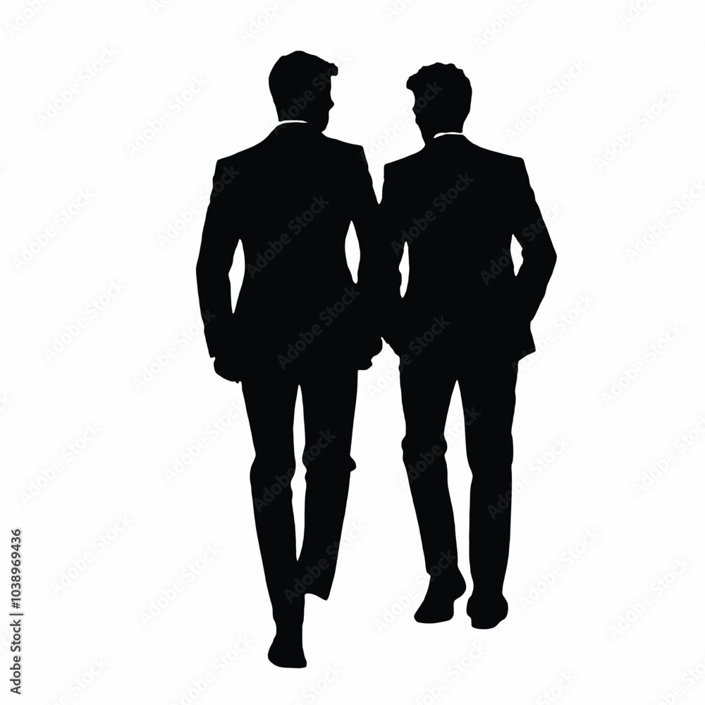 Two young men in suits walking together vector silhouette Two young men in suits walking together vector silhouette