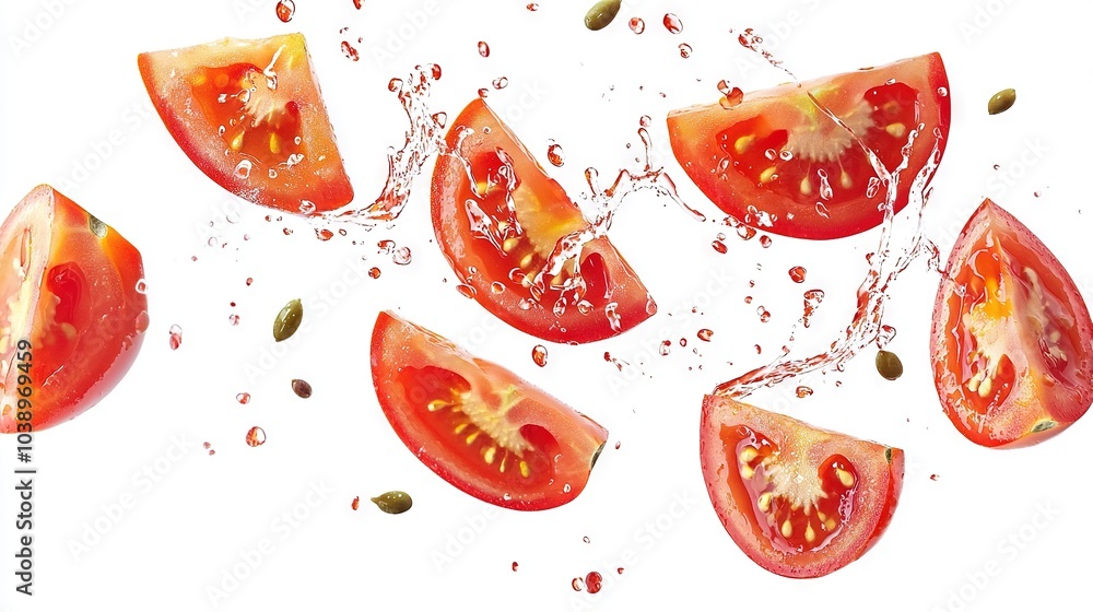 A slice of tomato with water splashing from the top and seeds at the base A slice of tomato with water splashing from the top and seeds at the base