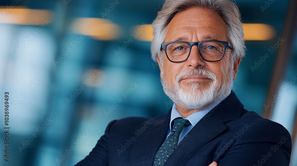 Fototapeta premium an older man in his late 60s, wearing a suit and tie, standing with arms crossed and a neutral expression. The background is a corporate office space