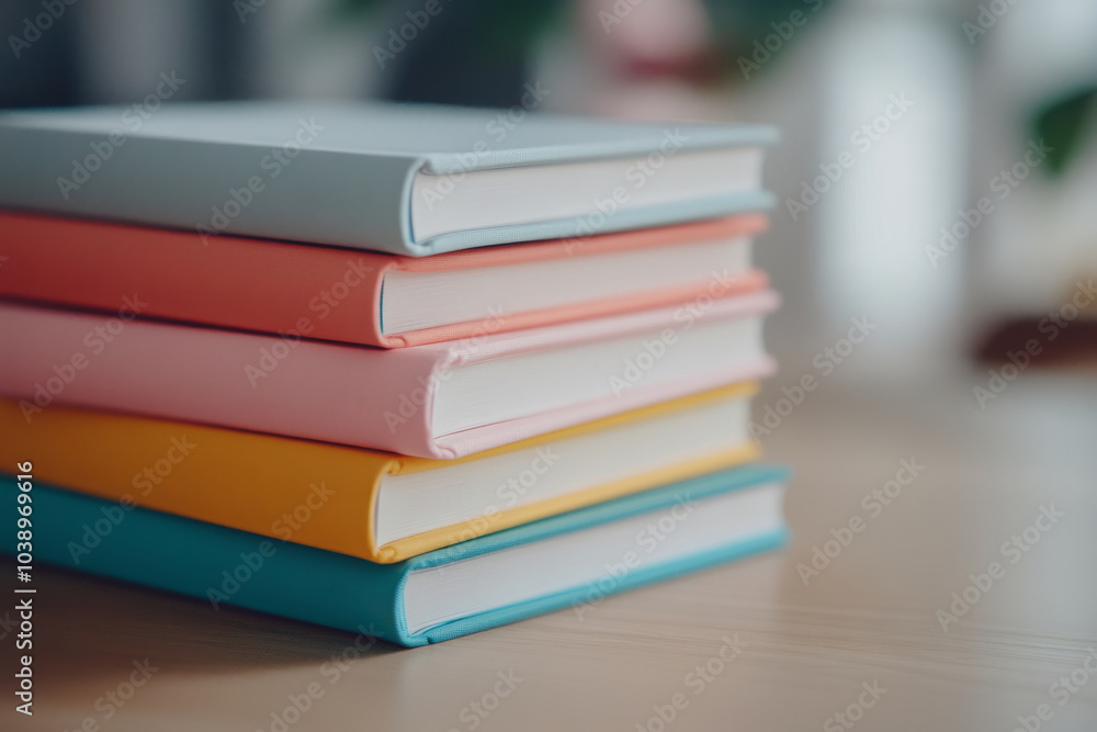 Neatly stacked set of hardcover books on a table Neatly stacked set of hardcover books on a table