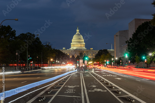 US Capitol viewed down Pennsylvania avenue at night