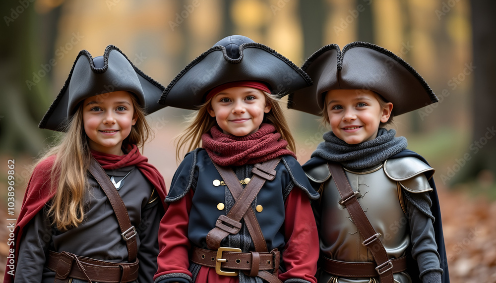 Three happy children dressed as pirates in a forest setting during autumn Three happy children dressed as pirates in a forest setting during autumn