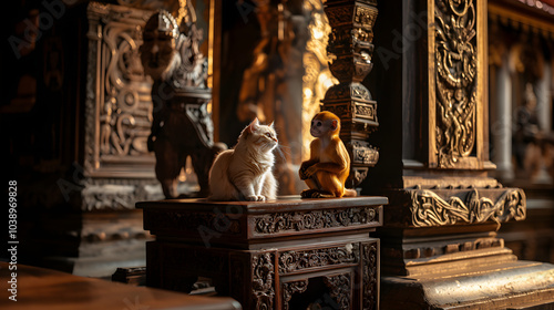 A cat and a golden langur perch on intricately carved wooden furniture under the golden glow of a Balinese temple photo