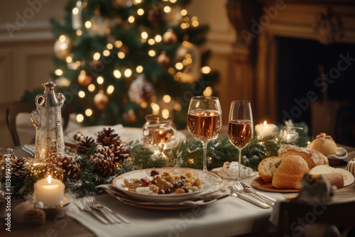 Christmas dinner table with wine glasses, festive decorations, candles. Decorated Christmas tree in the background