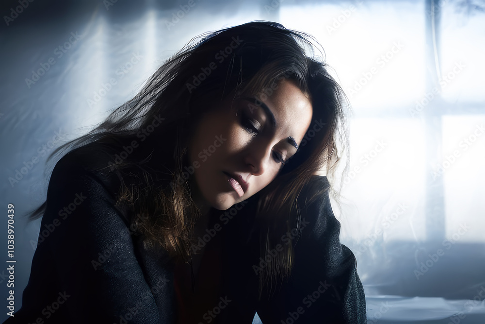 Tired alone woman indoors. Tired alone woman indoors.