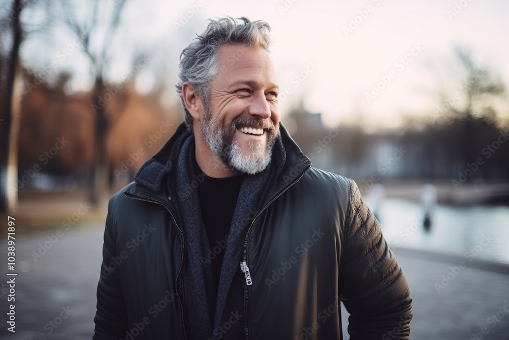 Portrait of a handsome middle-aged man with gray hair and beard in a black jacket. Portrait of a handsome middle-aged man with gray hair and beard in a black jacket.