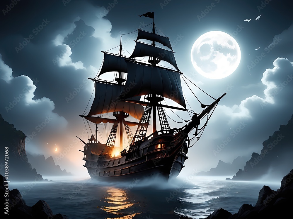 Obraz premium Spooky Halloween Night with Flying Dutchman Pirate Ship Under Full Moon in Foggy Forest Near Abandoned Castle with Pumpkins and Ghostly Clouds Cartoon Illustration