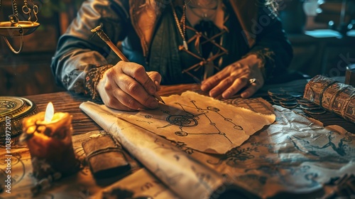 Close-up of a witch drawing a sigil on a piece of parchment during a... photo