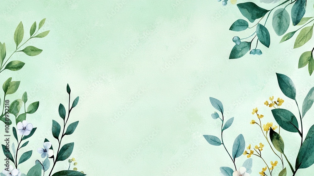 Flowers & Leaves on Light Green Background with Name Corner Flowers & Leaves on Light Green Background with Name Corner