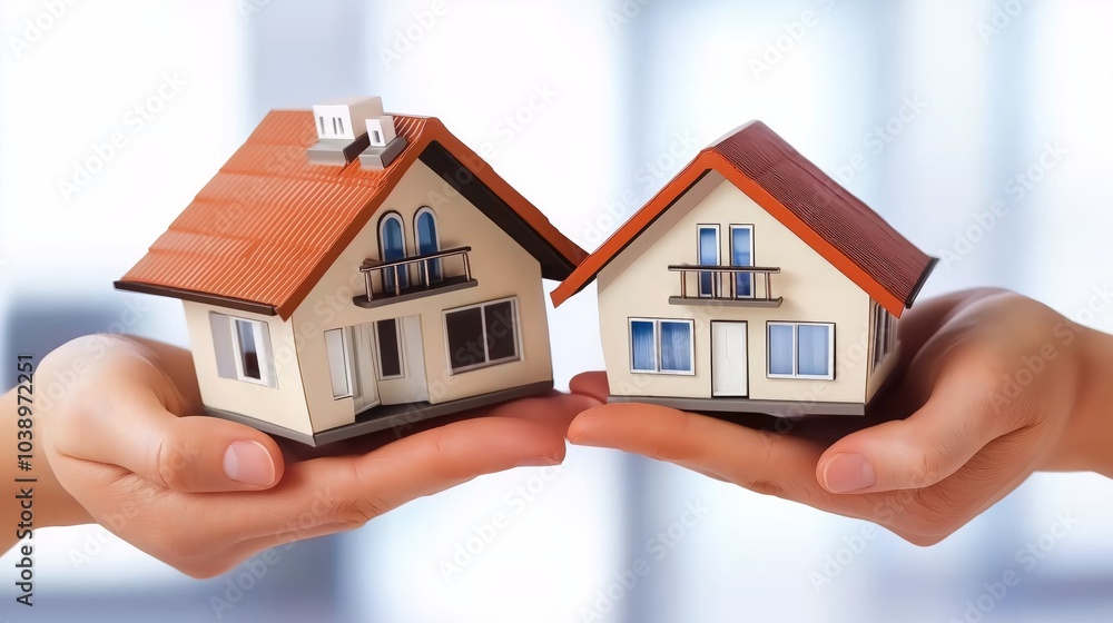 A pair of hands holding two miniature houses, symbolizing real estate investment, property comparison, and decision-making in housing or homeownership, Generative Ai A pair of hands holding two miniature houses, symbolizing real estate investment, property comparison, and decision-making in housing or homeownership, Generative Ai