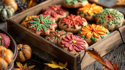 Close-up of fall-themed cookies decorated with seasonal colors, set on a...