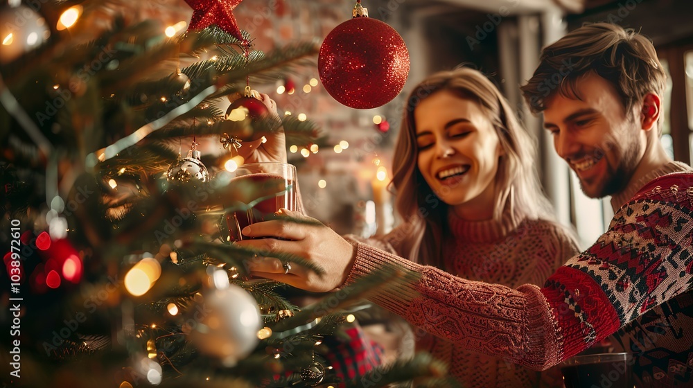 Couple decorating a Christmas tree with ornaments, while sipping hot... Couple decorating a Christmas tree with ornaments, while sipping hot...