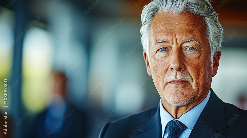 an older man in his late 60s, wearing a suit and tie, standing with arms crossed and a neutral expression. The background is a corporate office space an older man in his late 60s, wearing a suit and tie, standing with arms crossed and a neutral expression. The background is a corporate office space