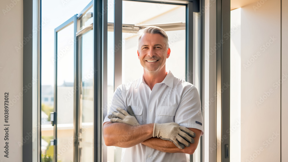master man smiling, standing near metal-plastic windows in apartment master man smiling, standing near metal-plastic windows in apartment