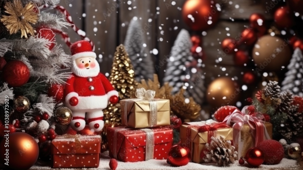New Year background and studio with all toys, gifts and Christmas tree, candles, no people, space for text. New Year background and studio with all toys, gifts and Christmas tree, candles, no people, space for text.