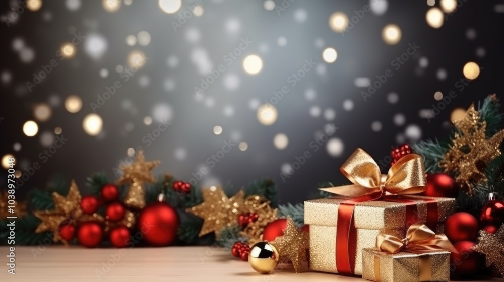 New Year background and studio with all toys, gifts and Christmas tree, candles, no people, space for text. New Year background and studio with all toys, gifts and Christmas tree, candles, no people, space for text.