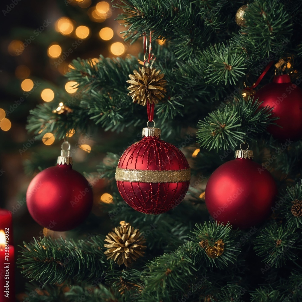 Fototapeta premium New year’s spirit reflected in delightful ornaments on the holiday tree