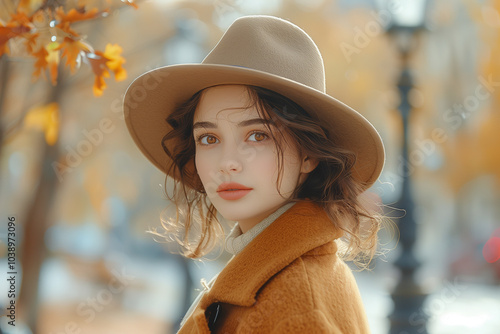 Portrait of a young woman in autumn attire with soft warm background.