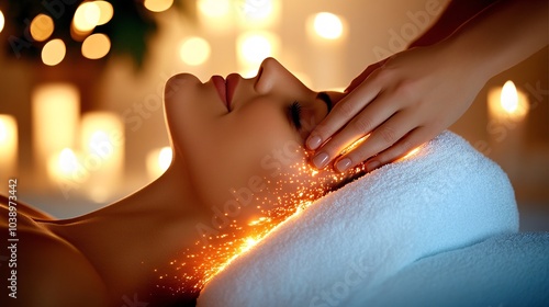 Wallpaper Mural performing a head and neck massage on a client lying on a soft towel. The person receiving the massage has a relaxed expression, Torontodigital.ca