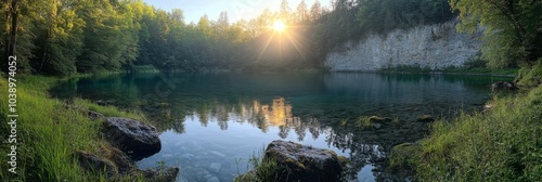 Morning sunlight filters through trees over tranquil river at dawn in rural landscape