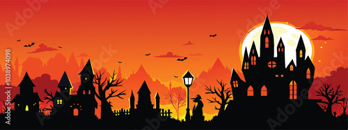 Halloween Night Haunted Village Silhouette Landscape