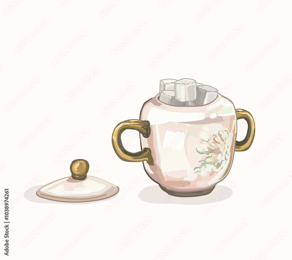 pink ceramic vessel sugar container old style illustration on white bakground pink ceramic vessel sugar container old style illustration on white bakground
