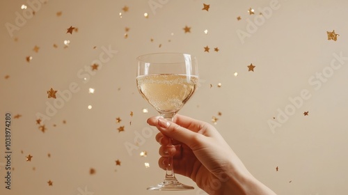 Hand holding a champagne glass against a starry gold background