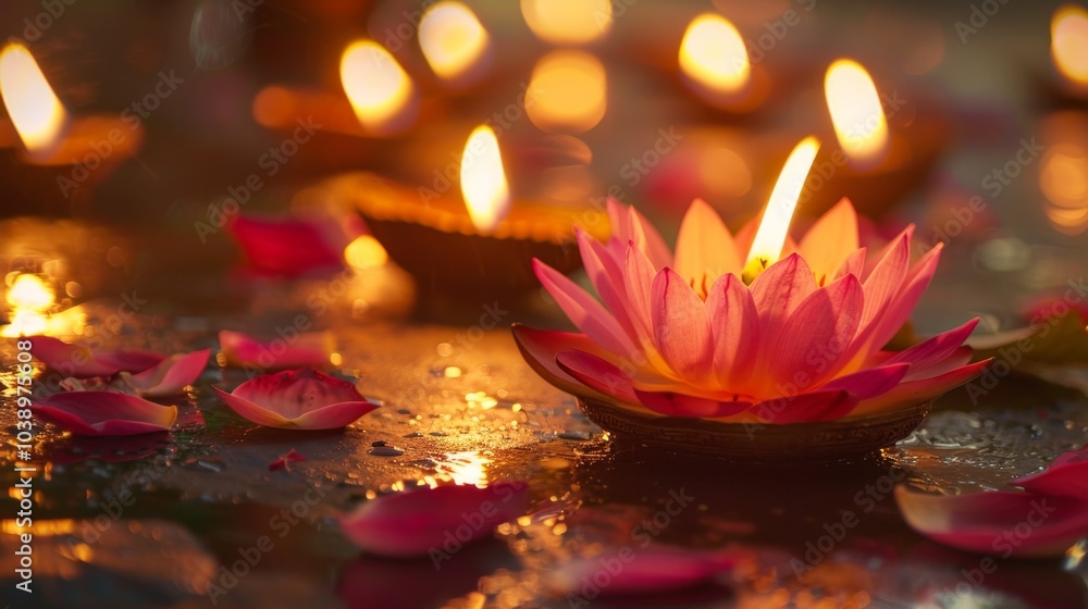 Serene Lotus Pond with Floating Candles at Twilight Serene Lotus Pond with Floating Candles at Twilight