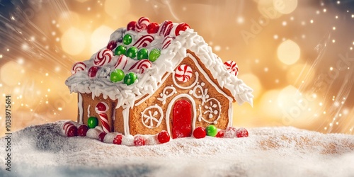 A vibrant gingerbread house decorated with bright red, green, and white frosting,