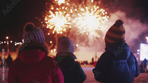 a family watching fireworks bokeh style background 