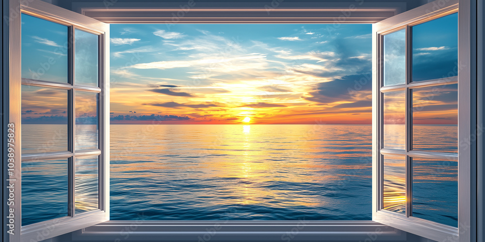 Fototapeta premium Beautiful sunset over the sea from the window