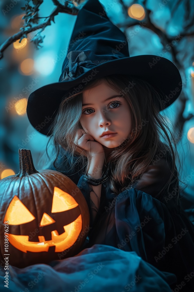 A young girl dressed as a witch sits by a lit jack-o'-lantern, evoking Halloween and nostalgia in a whimsical scene. A young girl dressed as a witch sits by a lit jack-o'-lantern, evoking Halloween and nostalgia in a whimsical scene.
