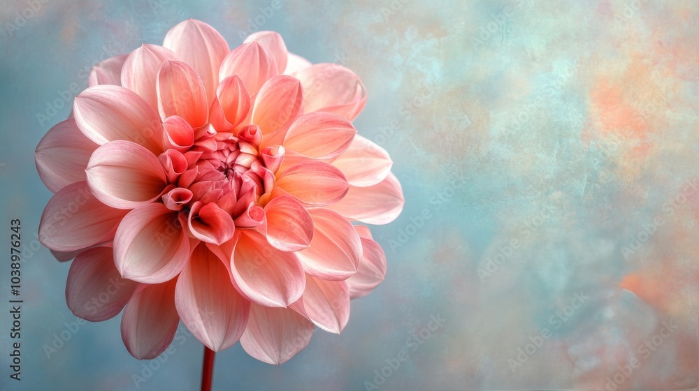 Fototapeta premium Delicate pink dahlia with layered petals against a soft pastel background