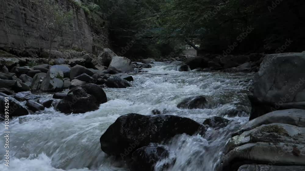 A peaceful river cascades over rocks, surrounded by lush trees in twilight. Gentle river flows through the serene forests rocky landscape during the evening. A peaceful river cascades over rocks, surrounded by lush trees in twilight. Gentle river flows through the serene forests rocky landscape during the evening.