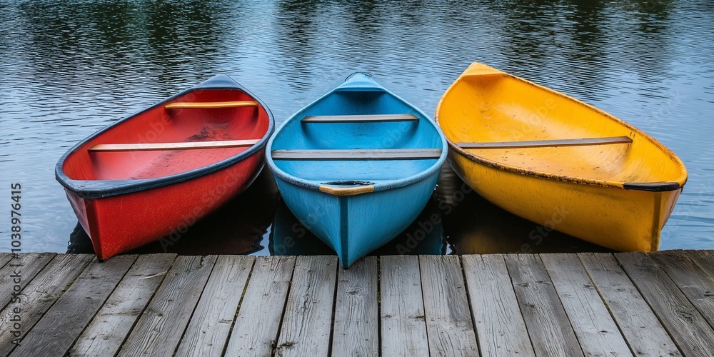 Three brightly colored canoes rest at a wooden dock beside a calm, reflective lakeside setting. Three brightly colored canoes rest at a wooden dock beside a calm, reflective lakeside setting.