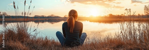 In solitude, a woman sits by a tranquil lake, reflecting as the sun sets, casting warm hues across the sky and water. photo