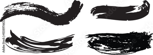 Collection of shapes made with dry brush and black paint, handmade gestural strokes with square and rectangular shapes, set of vector stroke resources with space for texts.