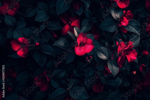 Deep red flowers with dark green leaves create a striking contrast in dim lighting setting a mysterious mood. photo