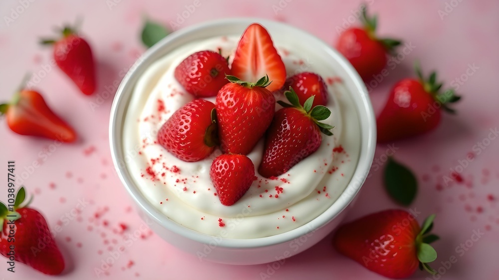 Delicious yogurt garnished with fresh strawberries, top view Delicious yogurt garnished with fresh strawberries, top view