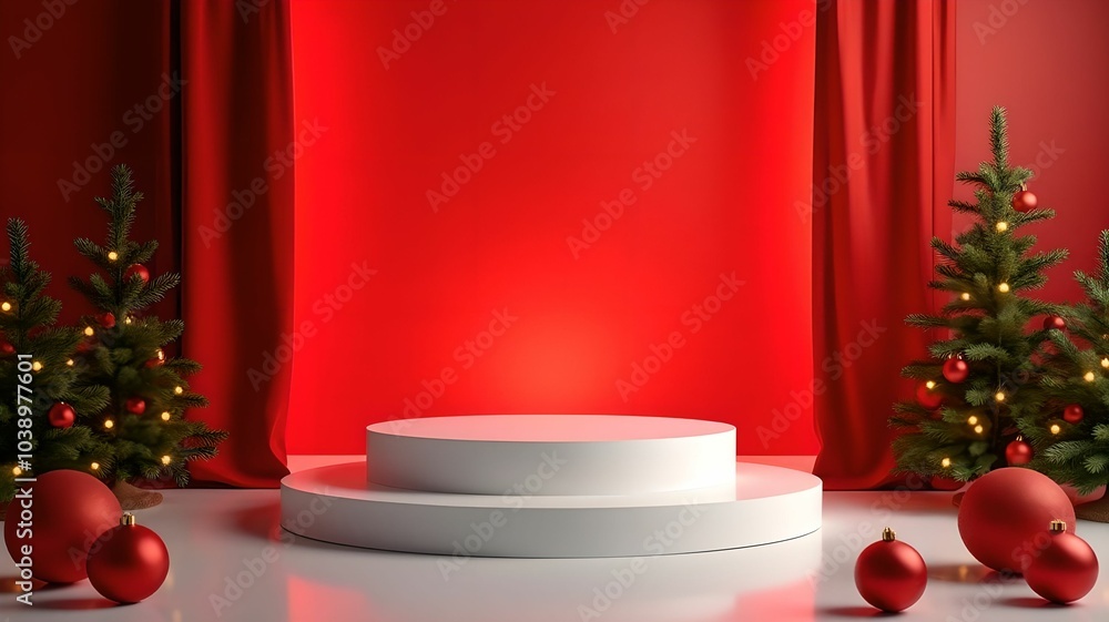 New Year's podium surrounded by festive decor, red ornaments and glowing lights, on a bright red background. New Year's podium surrounded by festive decor, red ornaments and glowing lights, on a bright red background.