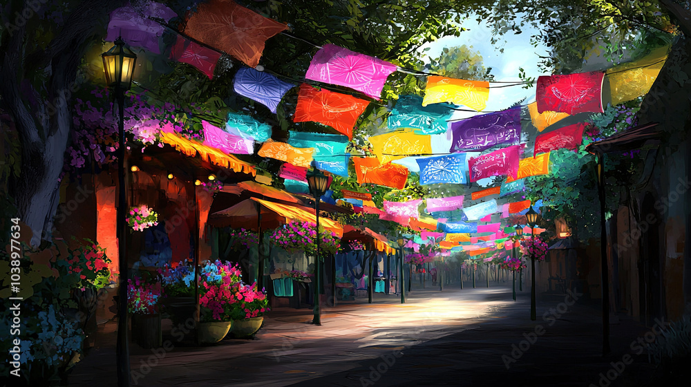 Naklejka premium Street adorned with vibrant umbrellas dangling from buildings, filling both sides