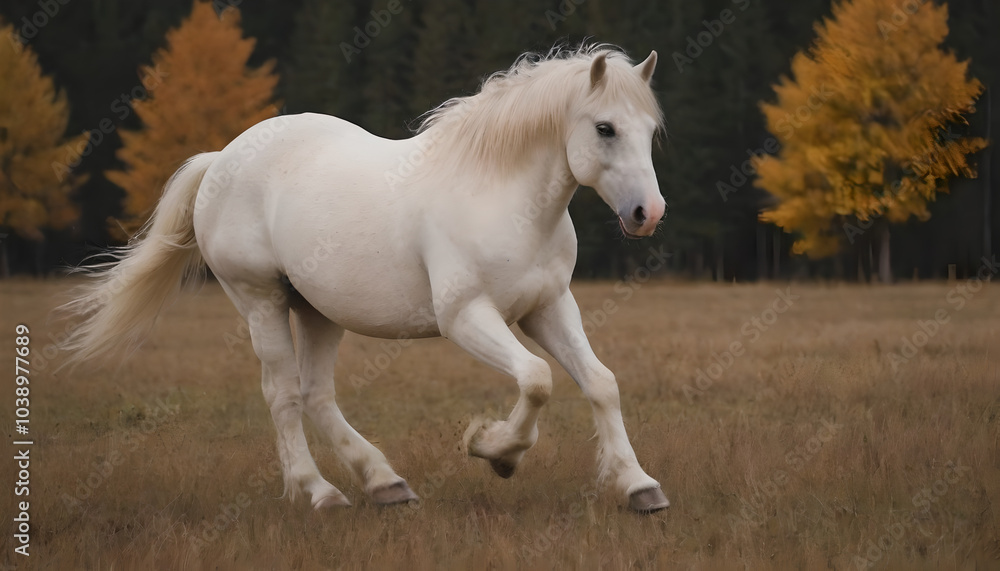 american cream draft horse running in the fields near an autumn forest american cream draft horse running in the fields near an autumn forest