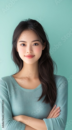 an Asian woman in her mid-20s, standing with her arms crossed, looking at the camera with a slight smile. The background is a solid pastel color