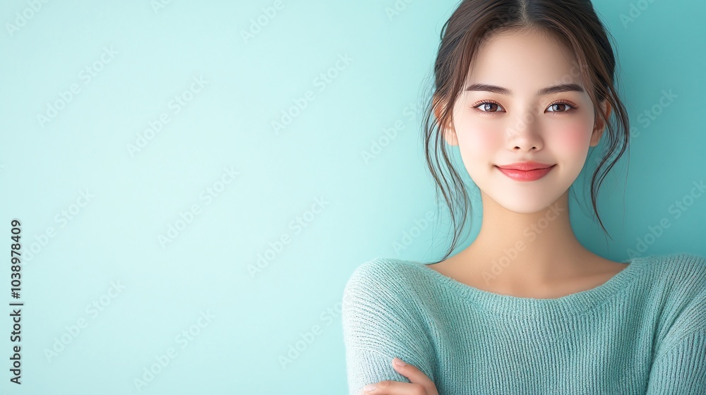 an Asian woman in her mid-20s, standing with her arms crossed, looking at the camera with a slight smile. The background is a solid pastel color an Asian woman in her mid-20s, standing with her arms crossed, looking at the camera with a slight smile. The background is a solid pastel color