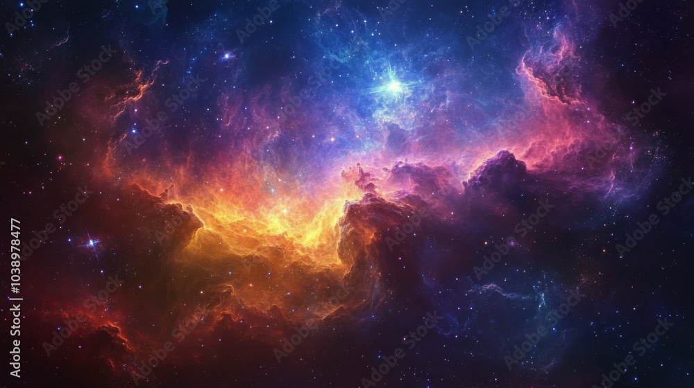 Fototapeta premium Colorful cosmic cloud formation illuminated by distant starlight in the night sky