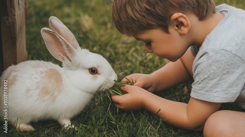 Boy feeding rabbits from hutch with fresh grass.