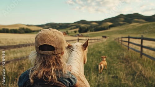 Wallpaper Mural A light-hearted scene of a young girl sitting on a pony, holding its mane, with a small dog playing nearby. The background features a family farm and rolling hills. Torontodigital.ca