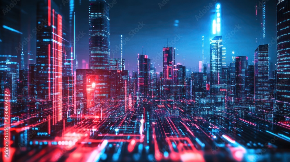 Fototapeta premium Cyberpunk Cityscape - Futuristic Urban Landscape with Neon Lights