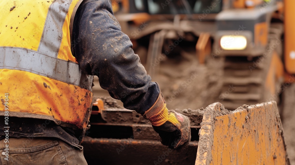 A construction laborer in a reflective vest and gloves, operating a bulldozer with visible earth-moving equipment and construction debris in the background, Construction site scene